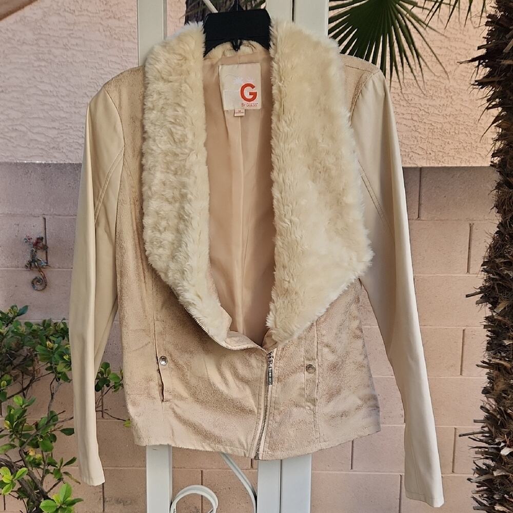G by Guess Women's Beige Teddy Jacket with Faux Fur